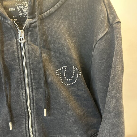 True Religion World Tour Full Zip Black Studded Hoodie Sweatshirt Logo SZ S Men - Picture 2 of 14
